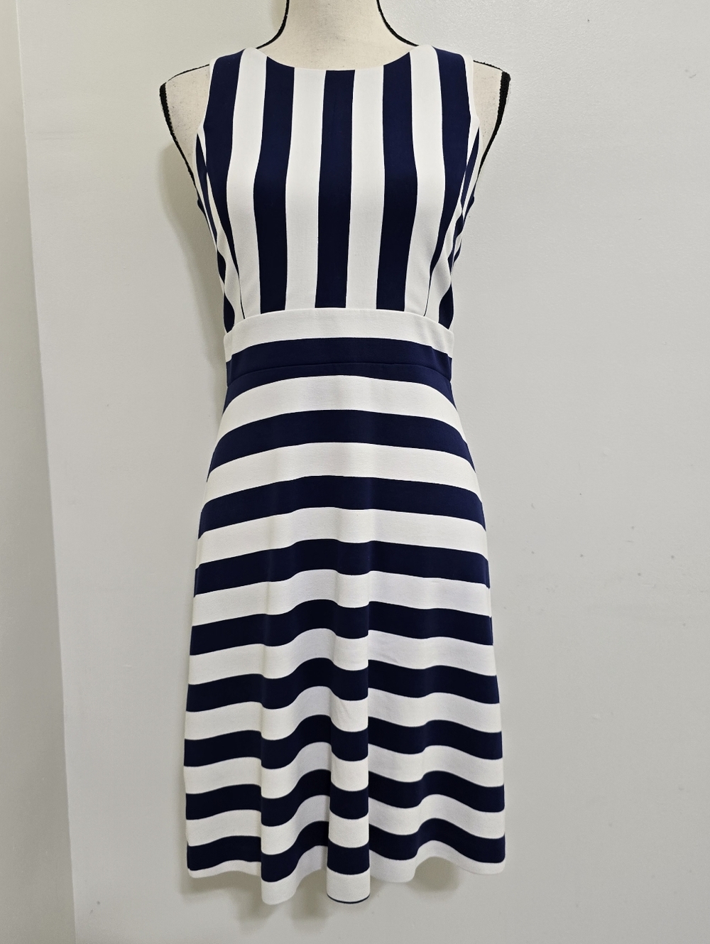 Navy and White Striped Sleeveless Fit & Flare Dress
